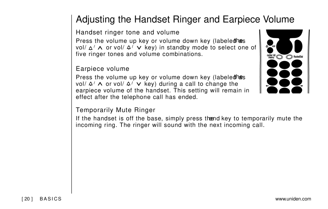 Uniden EXAI978 Series Adjusting the Handset Ringer and Earpiece Volume, Handset ringer tone and volume, Earpiece volume 