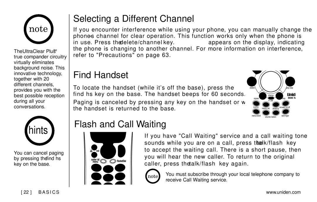 Uniden EXAI978 Series manual Selecting a Different Channel, Find Handset, Flash and Call Waiting 