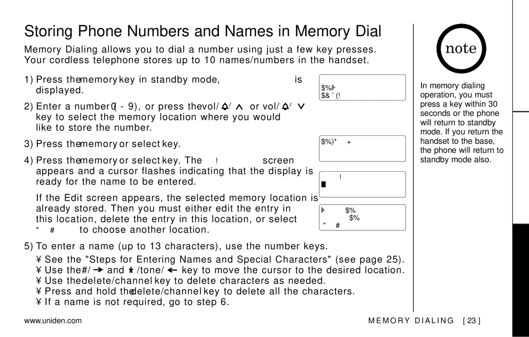 Uniden EXAI978 Series manual Storing Phone Numbers and Names in Memory Dial, Memory Dialing 