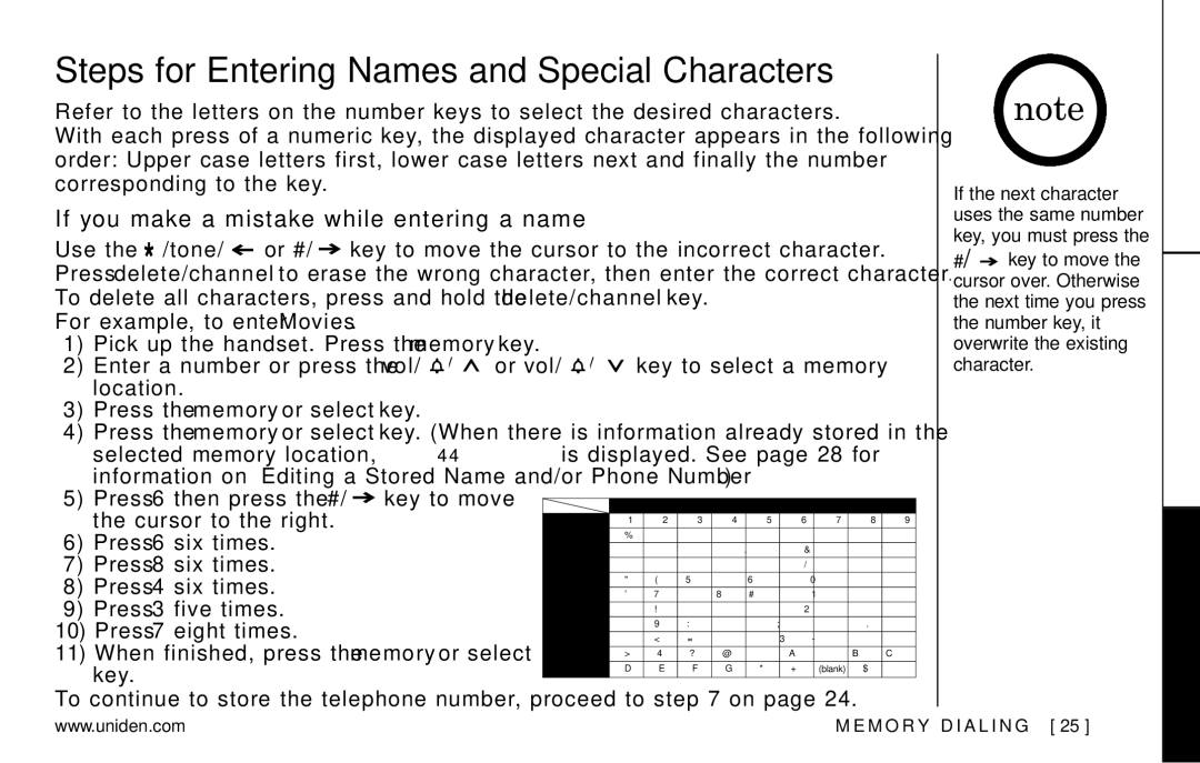 Uniden EXAI978 Series manual Steps for Entering Names and Special Characters, If you make a mistake while entering a name 