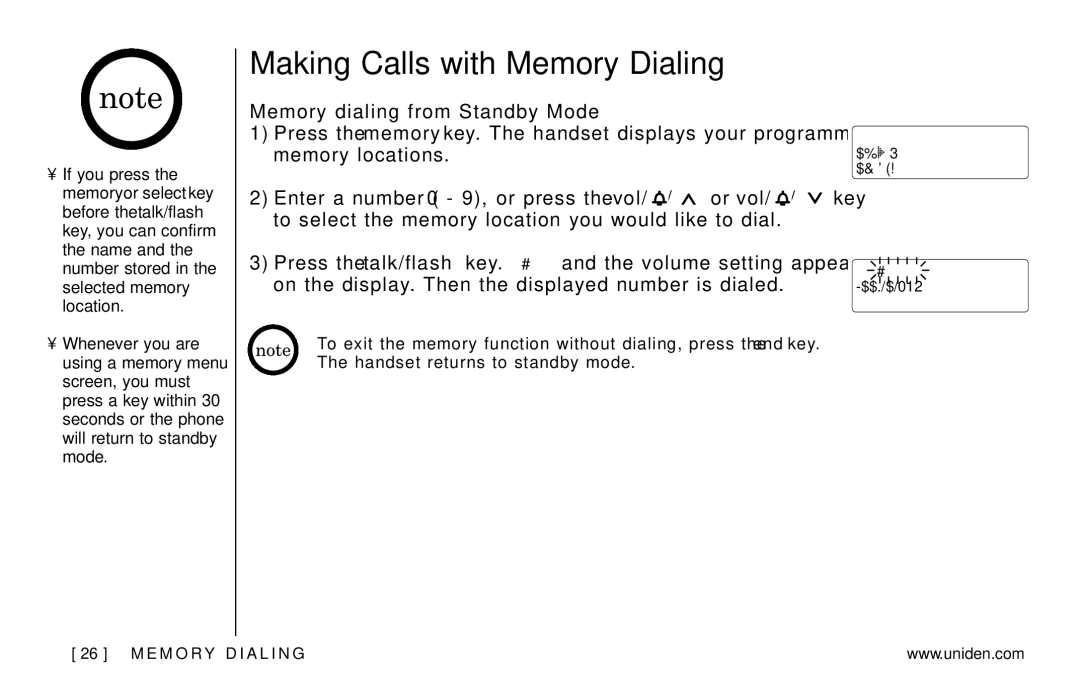 Uniden EXAI978 Series manual Making Calls with Memory Dialing, Memory dialing from Standby Mode 