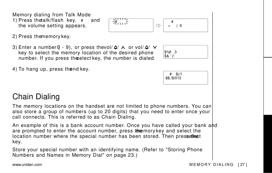 Uniden EXAI978 Series manual Chain Dialing, Memory dialing from Talk Mode 