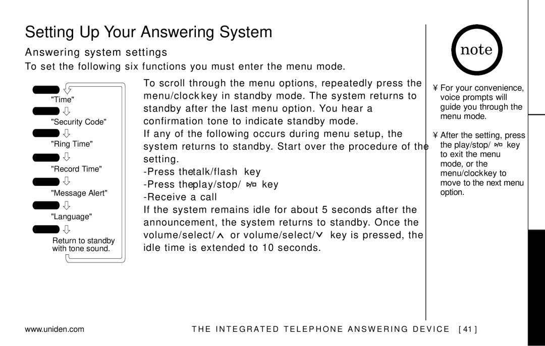 Uniden EXAI978 Series manual Setting Up Your Answering System, Answering system settings 