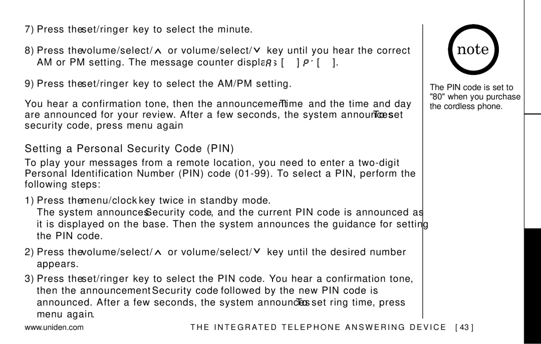 Uniden EXAI978 Series manual Setting a Personal Security Code PIN 