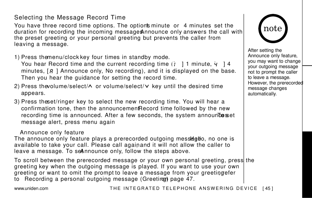 Uniden EXAI978 Series manual Selecting the Message Record Time, Announce only feature 