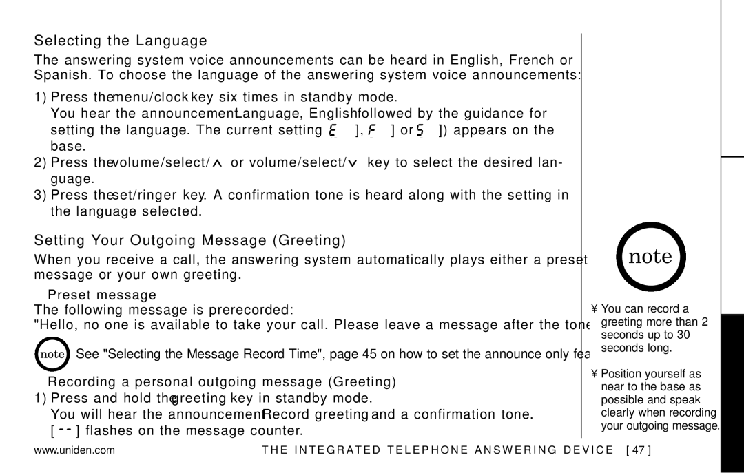 Uniden EXAI978 Series manual Selecting the Language, Setting Your Outgoing Message Greeting, Preset message 