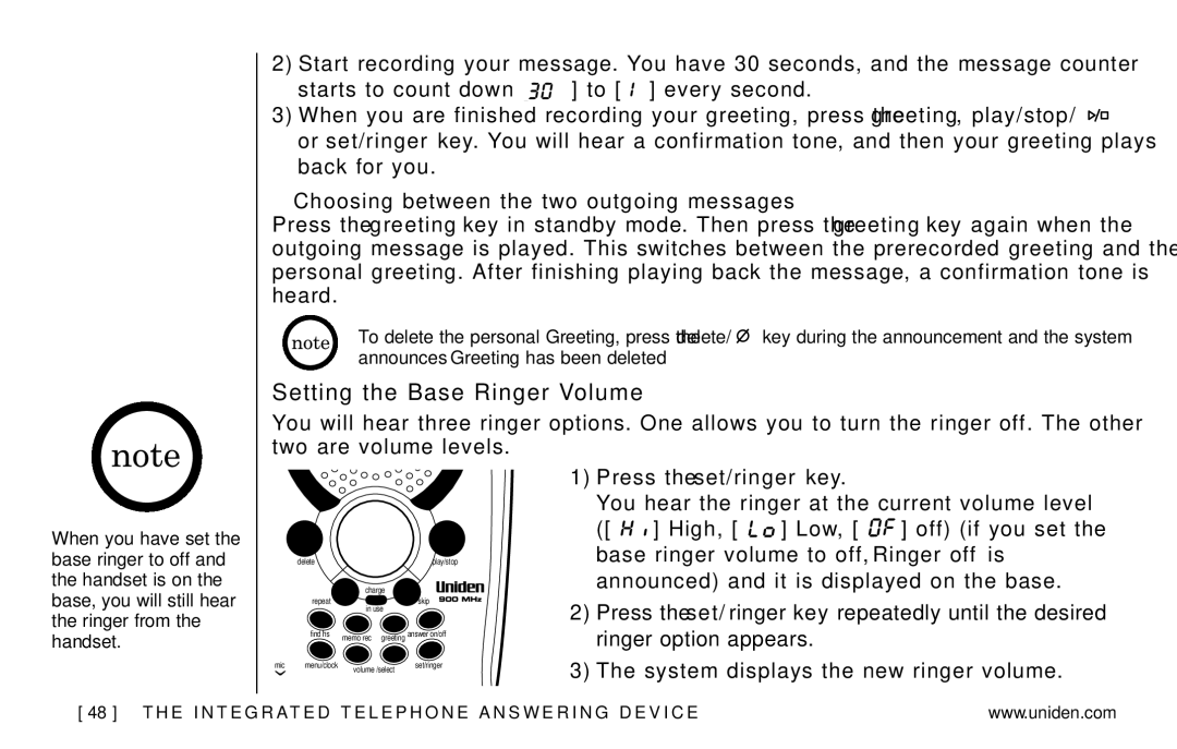 Uniden EXAI978 Series manual Setting the Base Ringer Volume, Choosing between the two outgoing messages 