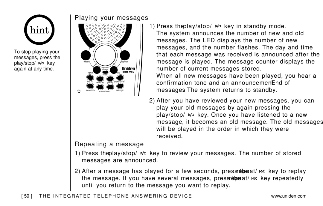 Uniden EXAI978 Series manual Playing your messages, Repeating a message 