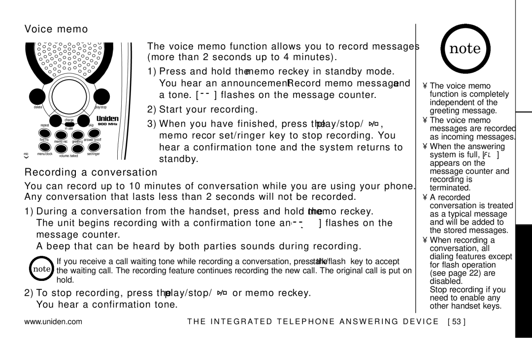 Uniden EXAI978 Series manual Voice memo, Recording a conversation 