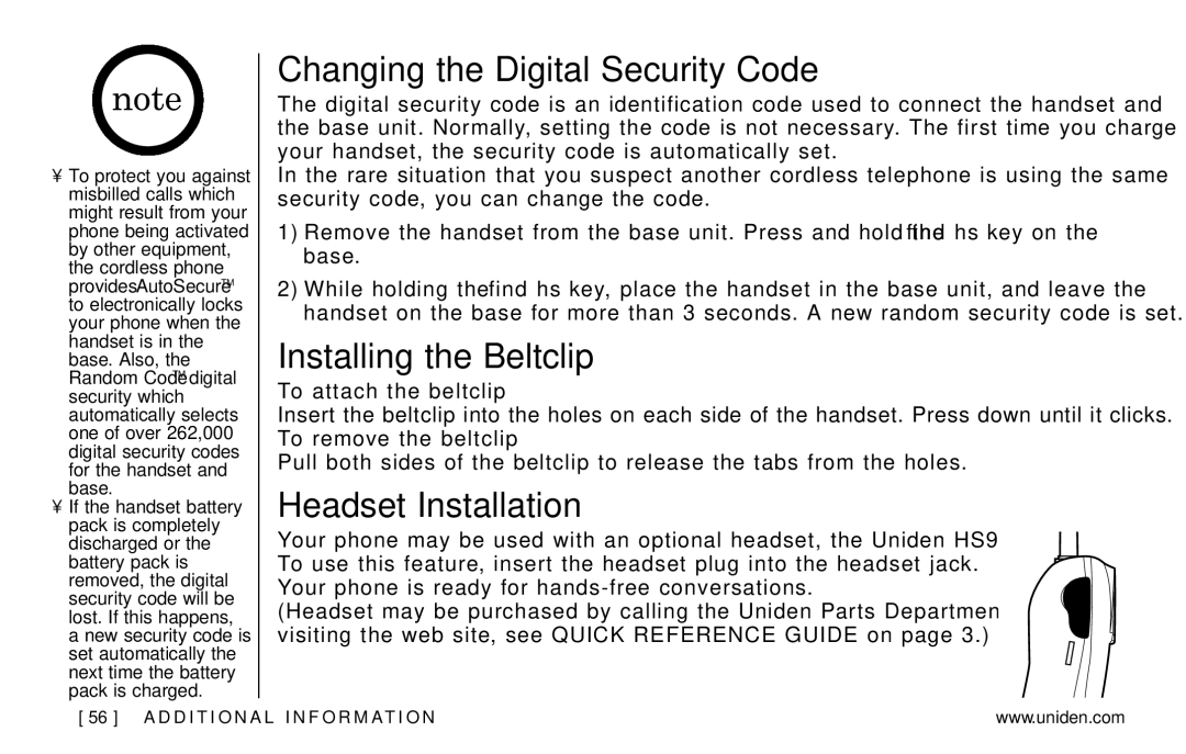 Uniden EXAI978 Series manual Changing the Digital Security Code, Installing the Beltclip, Headset Installation 