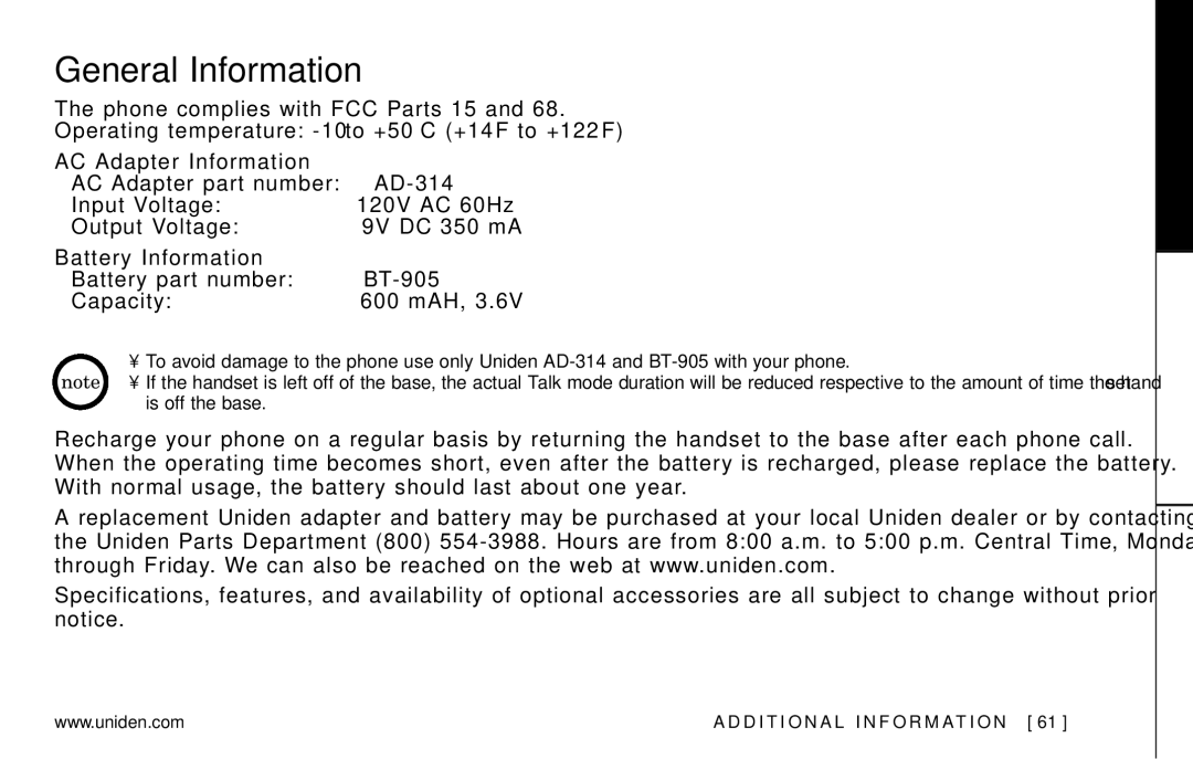 Uniden EXAI978 Series manual General Information, AC Adapter Information, Battery Information 