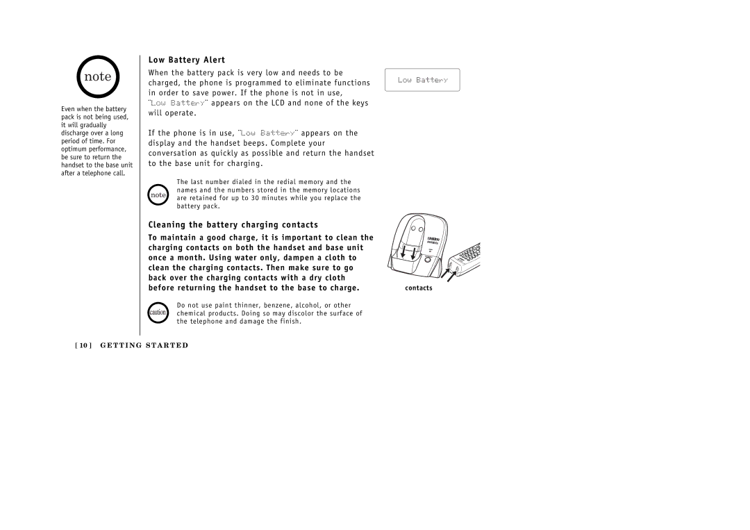 Uniden EXI 386 Series manual Low Battery Alert, Cleaning the battery charging contacts 