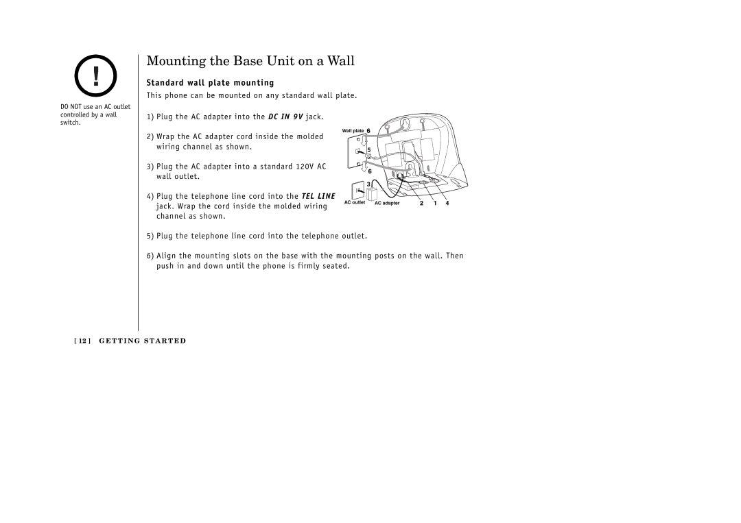 Uniden EXI 386 Series manual Mounting the Base Unit on a Wall, Standard wall plate mounting 