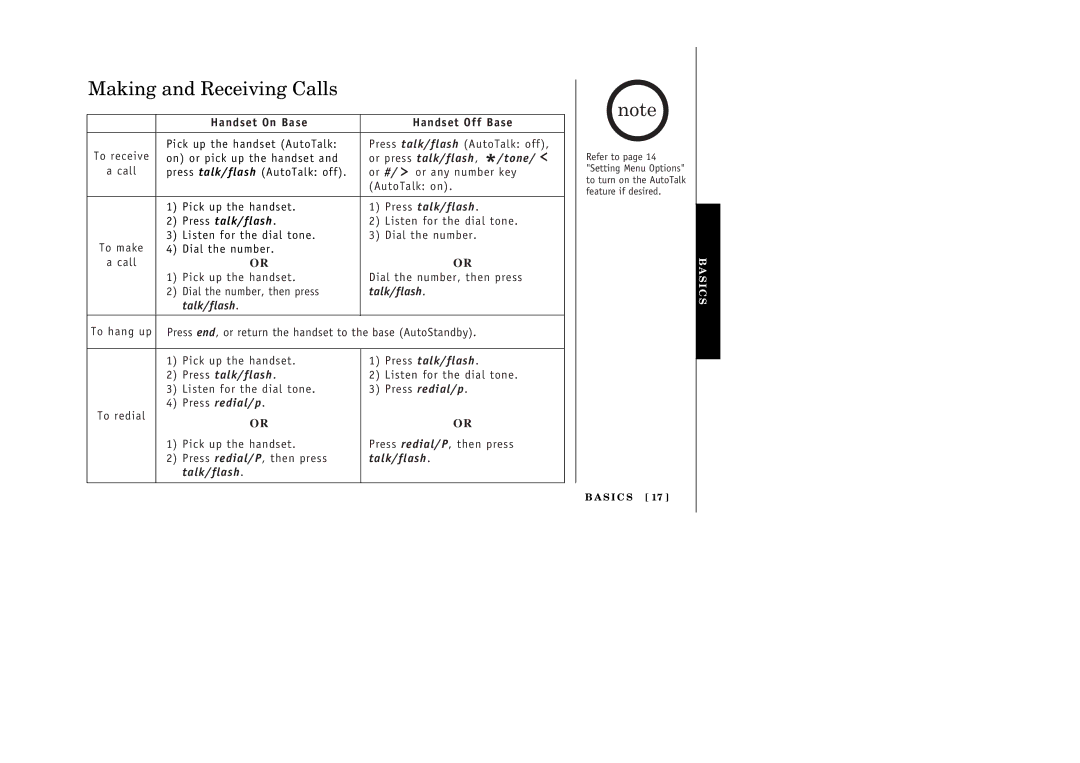 Uniden EXI 386 Series manual Making and Receiving Calls, Handset On Base Handset Off Base 