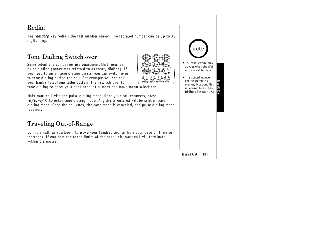 Uniden EXI 386 Series manual Redial, Tone Dialing Switch over, Traveling Out-of-Range 