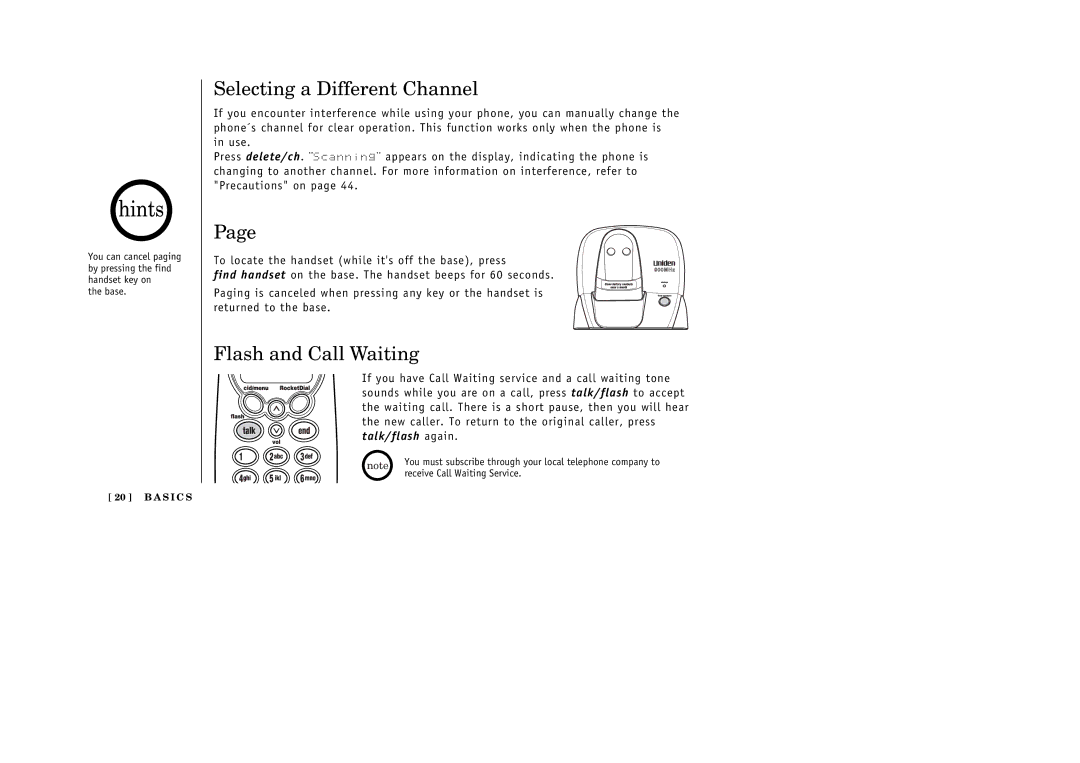 Uniden EXI 386 Series manual Hints, Selecting a Different Channel, Flash and Call Waiting 