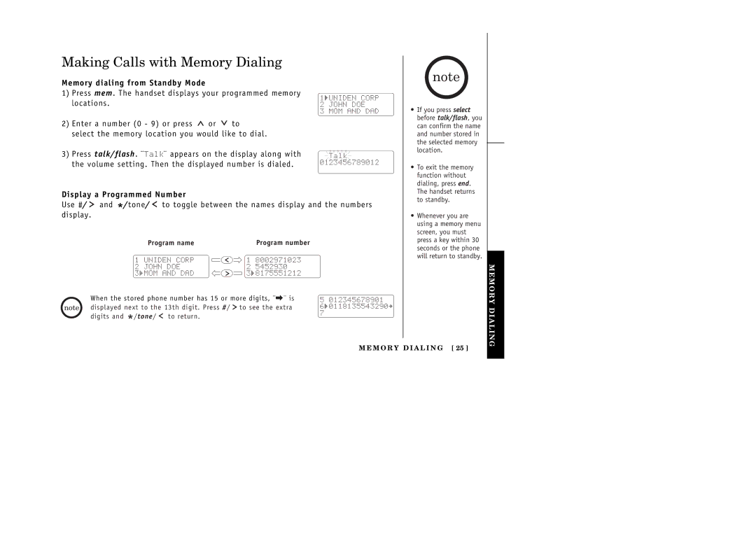 Uniden EXI 386 Series Making Calls with Memory Dialing, Memory dialing from Standby Mode, Display a Programmed Number 