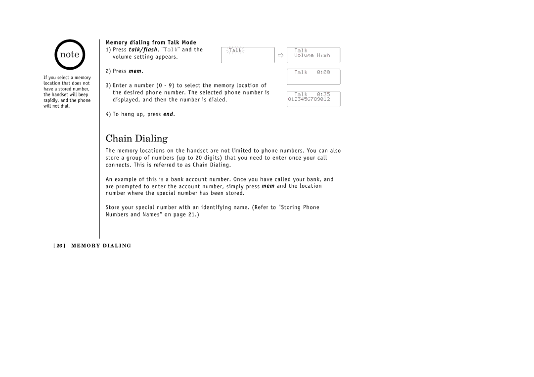 Uniden EXI 386 Series manual Chain Dialing, Memory dialing from Talk Mode 