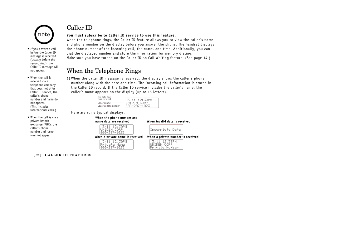 Uniden EXI 386 Series manual When the Telephone Rings, You must subscribe to Caller ID service to use this feature 