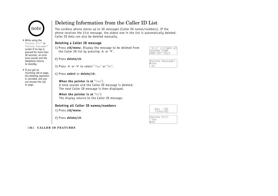 Uniden EXI 386 Series manual Deleting Information from the Caller ID List, Deleting a Caller ID message 