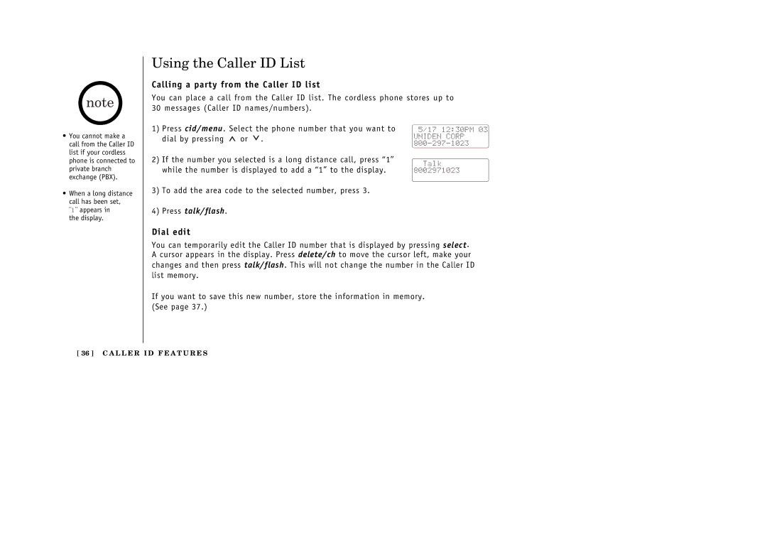 Uniden EXI 386 Series manual Using the Caller ID List, Calling a party from the Caller ID list, Dial edit 