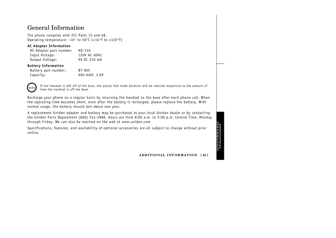 Uniden EXI 386 Series manual General Information, AC Adapter Information, Battery Information 