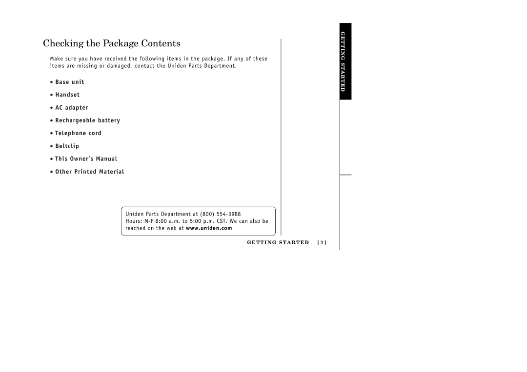 Uniden EXI 386 Series manual Checking the Package Contents 