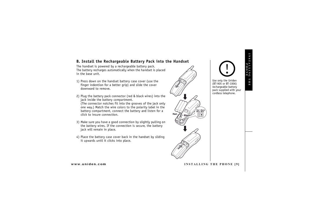 Uniden EXI 4246 manual Install the Rechargeable Battery Pack into the Handset 