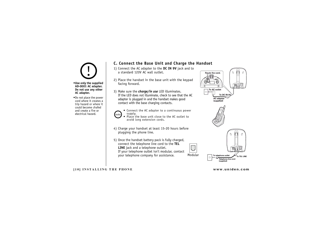 Uniden EXI 4246 manual Connect the Base Unit and Charge the Handset, Use only the supplied 