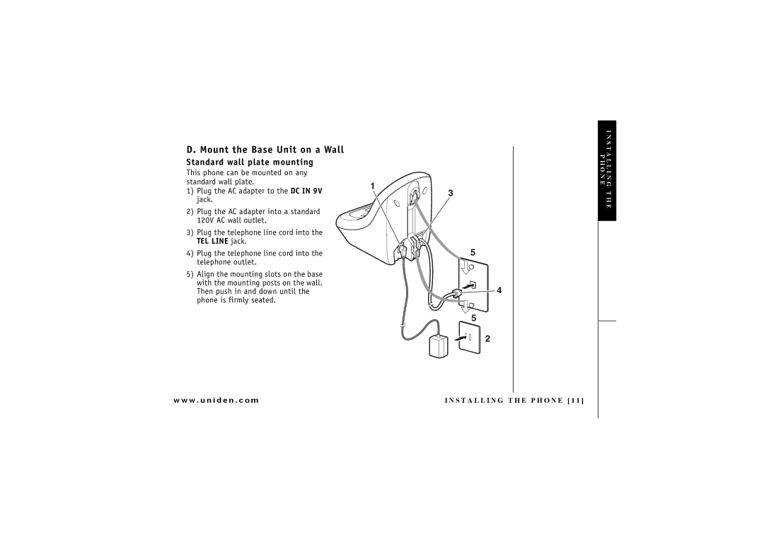 Uniden EXI 4246 manual Mount the Base Unit on a Wall, Standard wall plate mounting 