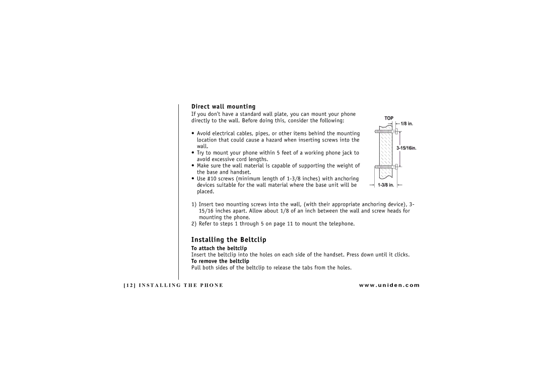 Uniden EXI 4246 manual Installing the Beltclip, Direct wall mounting 