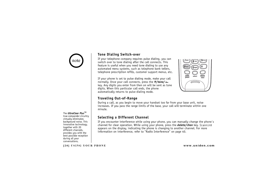 Uniden EXI 4246 manual Tone Dialing Switch-over, Traveling Out-of-Range, Selecting a Different Channel 