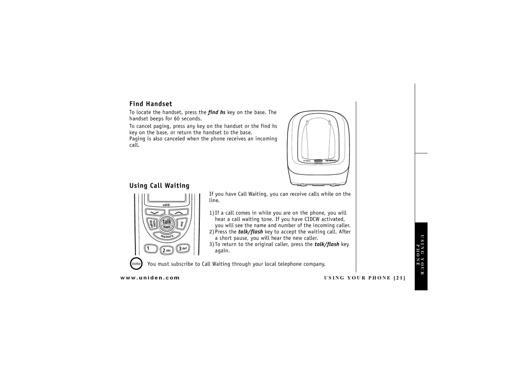 Uniden EXI 4246 manual Find Handset, Using Call Waiting 