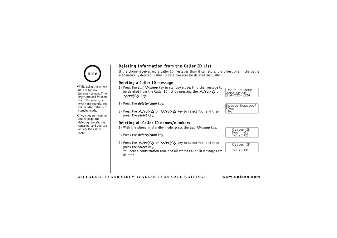 Uniden EXI 4246 manual Deleting Information from the Caller ID List, Deleting a Caller ID message 