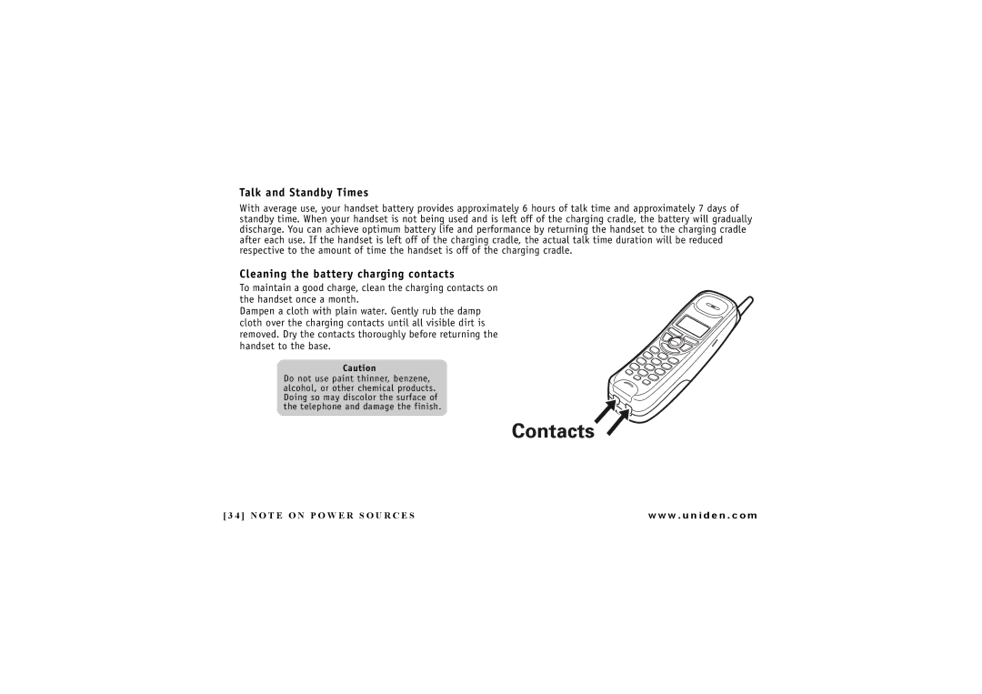 Uniden EXI 4246 manual Talk and Standby Times, Cleaning the battery charging contacts 