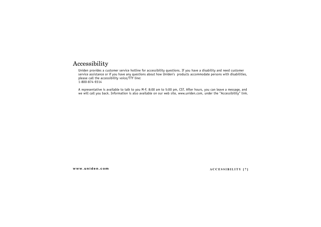 Uniden EXI 4246 manual Accessibility, C E S S I B I L I T Y 