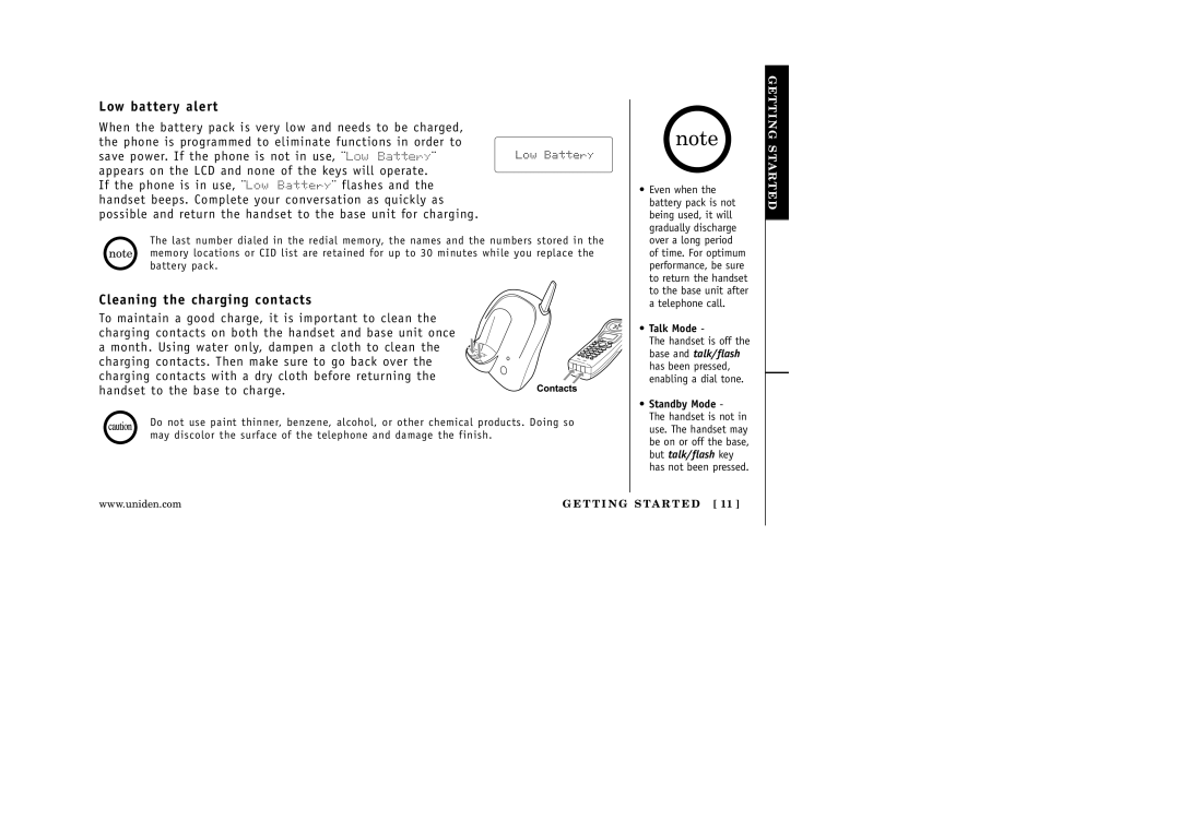 Uniden EXI 5160 manual Low battery alert, Cleaning the charging contacts 