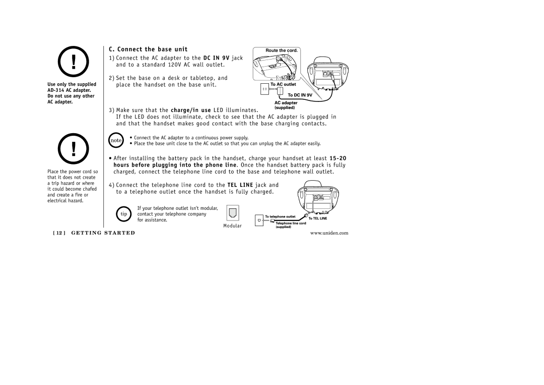 Uniden EXI 5160 manual Connect the base unit 