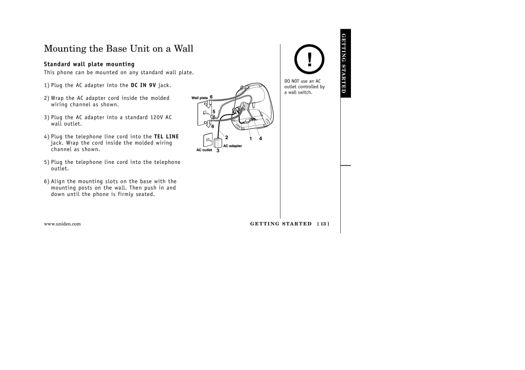 Uniden EXI 5160 manual Mounting the Base Unit on a Wall, Standard wall plate mounting 