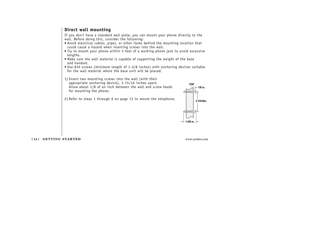 Uniden EXI 5160 manual Direct wall mounting 