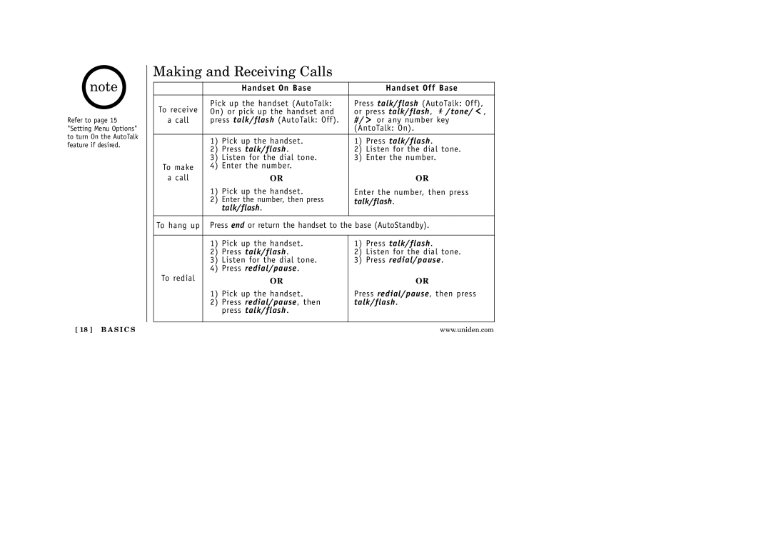 Uniden EXI 5160 manual Making and Receiving Calls, Handset On Base Handset Off Base 