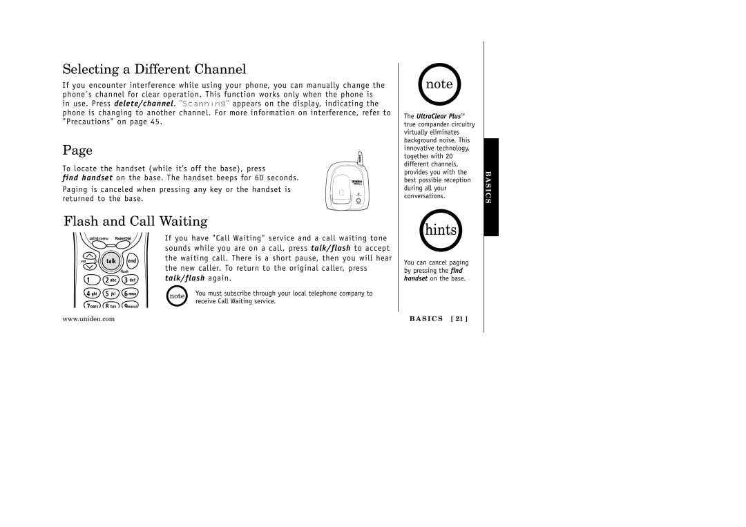 Uniden EXI 5160 manual Selecting a Different Channel, Flash and Call Waiting Hints 