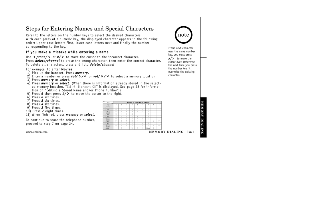 Uniden EXI 5160 manual Steps for Entering Names and Special Characters, If you make a mistake while entering a name 