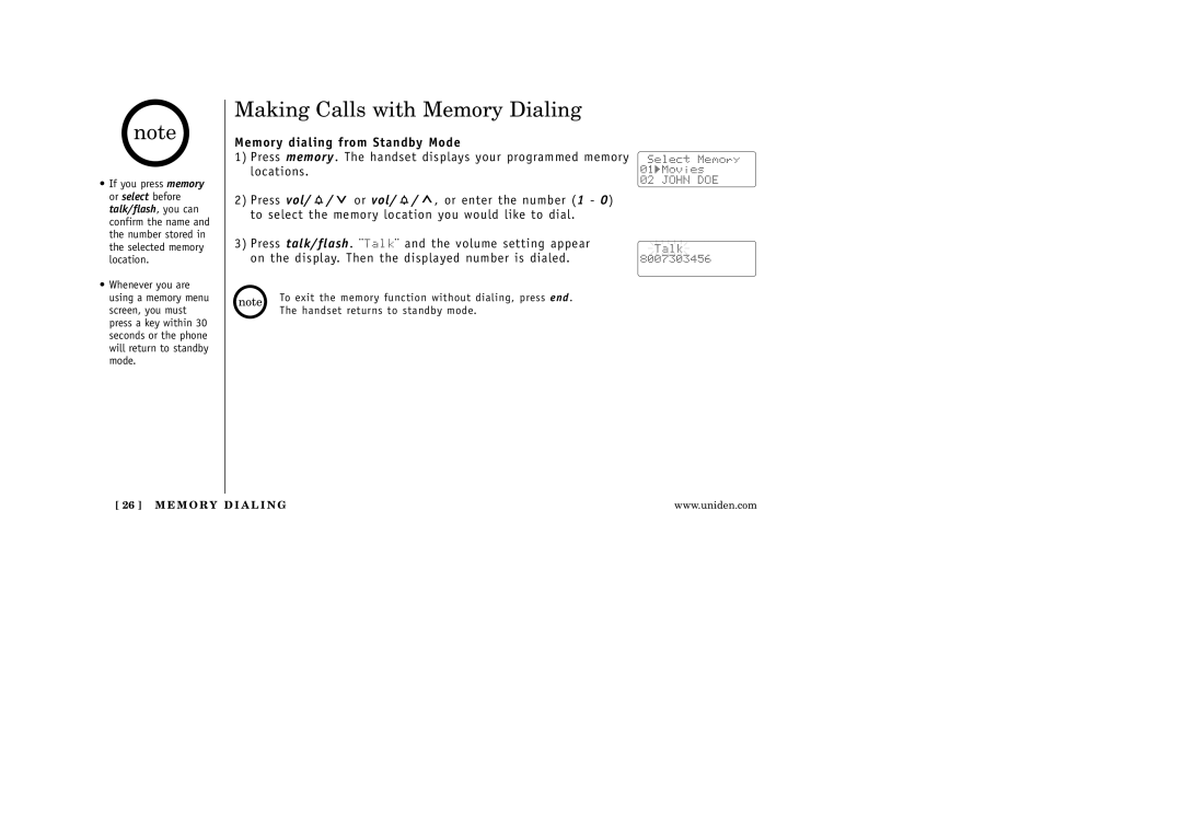 Uniden EXI 5160 manual Making Calls with Memory Dialing, Memory dialing from Standby Mode 