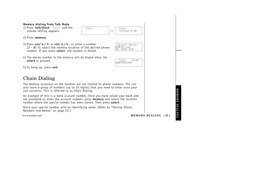 Uniden EXI 5160 manual Chain Dialing, Memory dialing from Talk Mode 