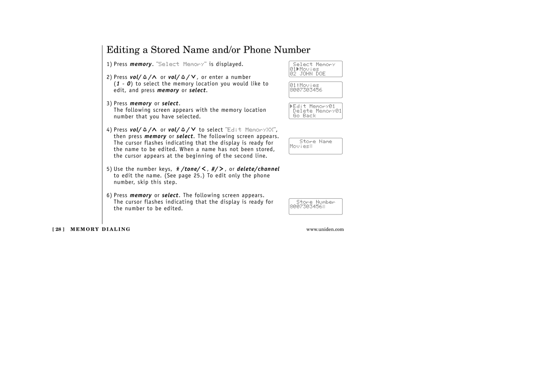 Uniden EXI 5160 manual Editing a Stored Name and/or Phone Number 