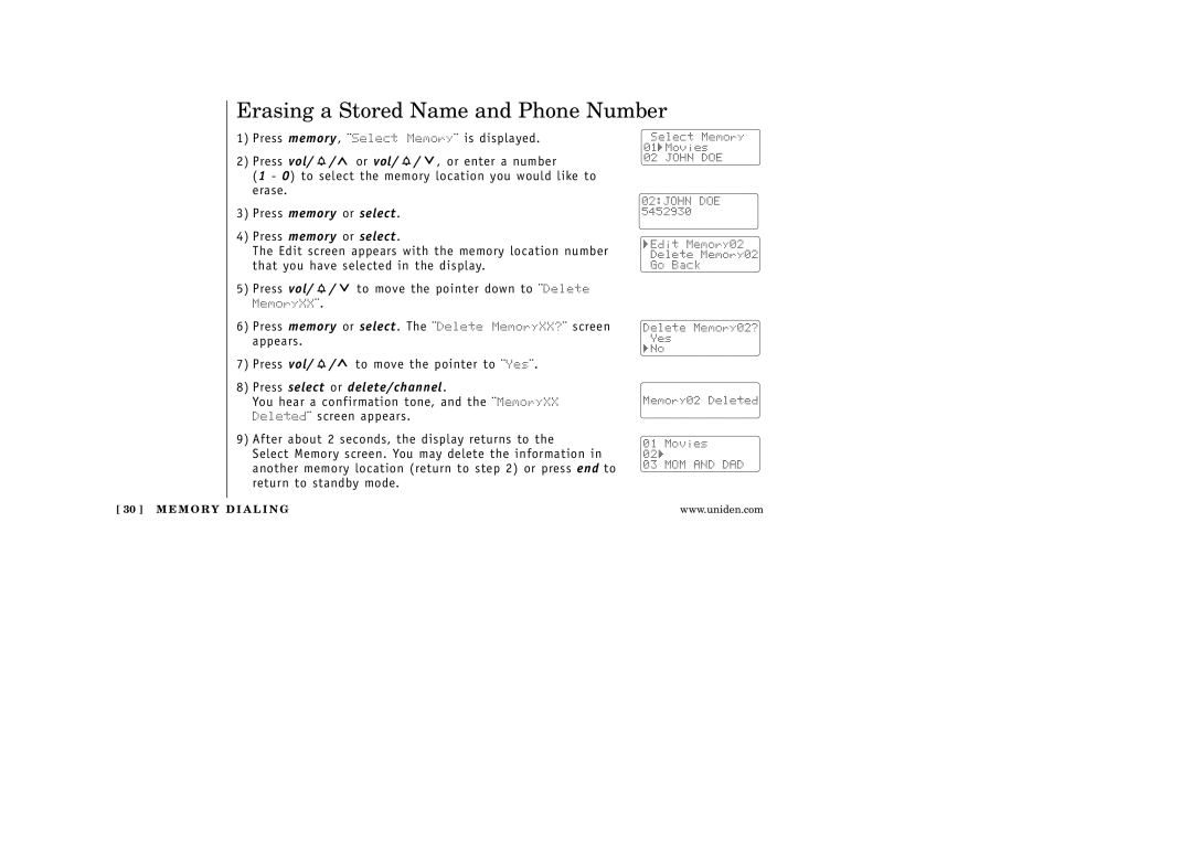 Uniden EXI 5160 manual Erasing a Stored Name and Phone Number, Press select or delete/channel 