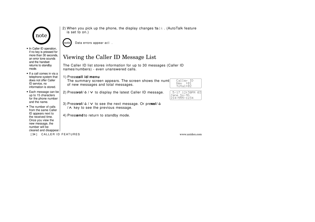 Uniden EXI 5160 manual Viewing the Caller ID Message List, Press call id/menu 