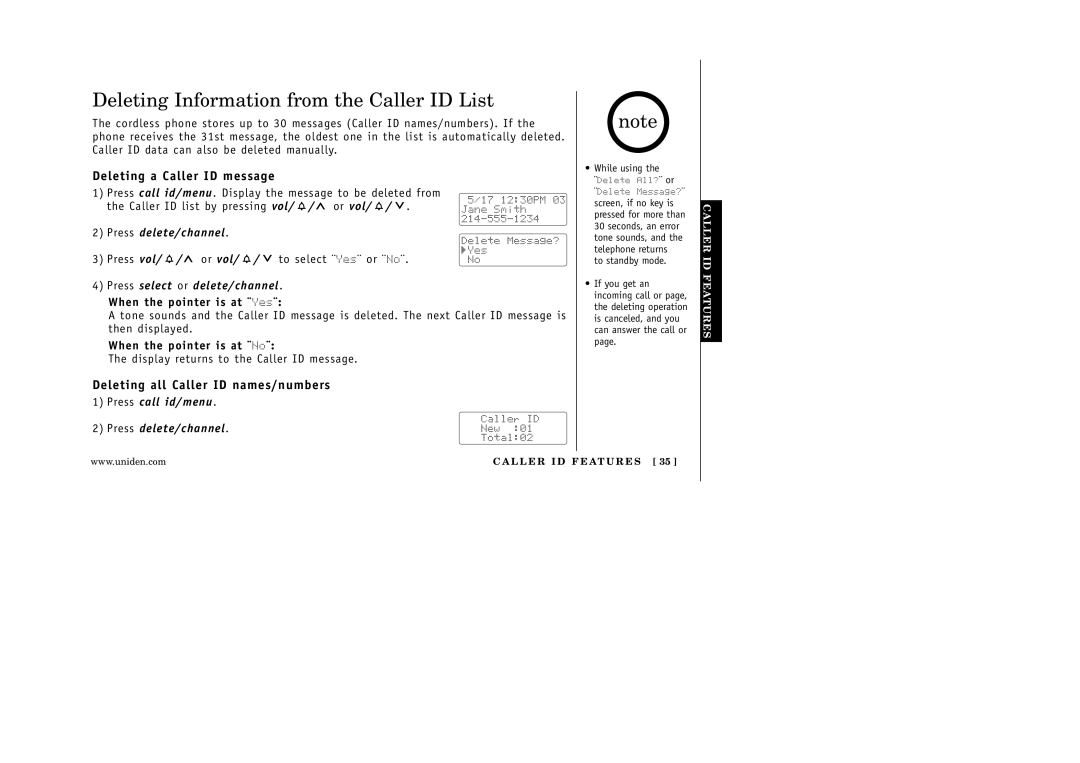 Uniden EXI 5160 Deleting Information from the Caller ID List, Deleting a Caller ID message, When the pointer is at ¨Yes¨ 