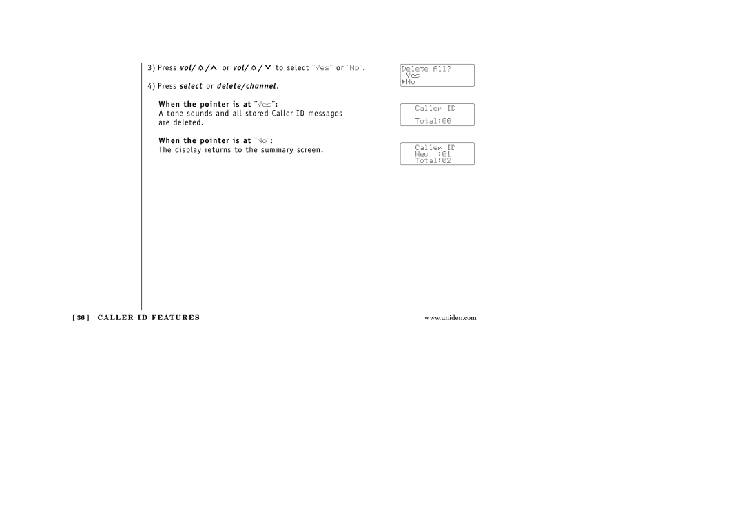 Uniden EXI 5160 manual Tone sounds and all stored Caller ID messages are deleted 